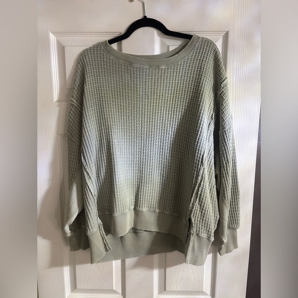 American Eagle Outfitters AE Big Hug Crew Neck Waffle Sweatshirt Sage Green